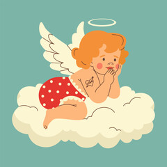 Cute baby cherub with wings flying on the cloud. Little cupid with heart and tattoo in trendy retro style. Romantic print, Valentine's day print.