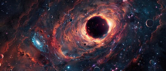 Scientific illustration of a black hole with visible event horizon and Hawking radiation, highlighted by surrounding celestial bodies in a dense star field - obrazy, fototapety, plakaty