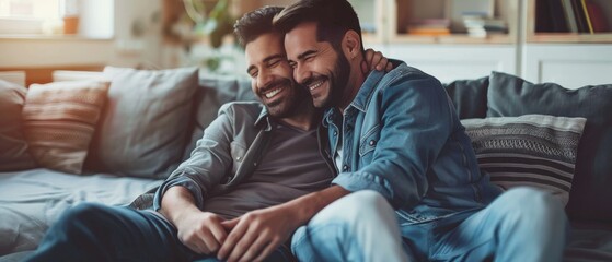 Male Gay Couple Sitting at Home on Sofa. Boyfriends are Hugging and Embracing Each Other. They are Joyful and Laughing. They are Casually Dressed and Room Has Modern Interior.