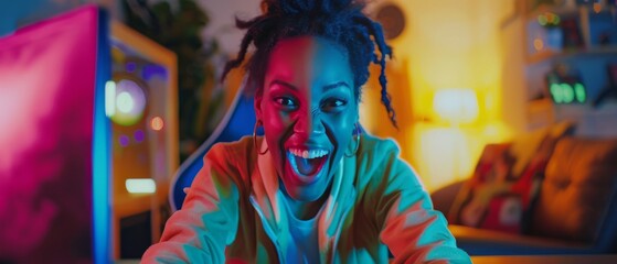 A pretty and excited black gamer girl plays an online first-person shooter video game on her computer. Her room and PC are decorated with colorful neon led lights.