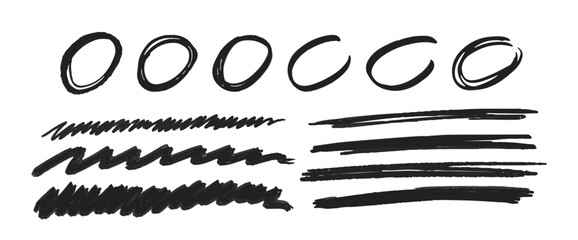 Set Of Manuscript Marks, Doodle Hand Drawn Circles And Strikethrough Underlines. Brush Stroke Markers Vector Collection - 791818298