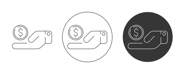 Naklejka premium Hand silhouette, coin with dollar sign, vector icon set, editable stroke. Flat line, pictogram. Finance and business concept. For app, website, ui. Isolated background.