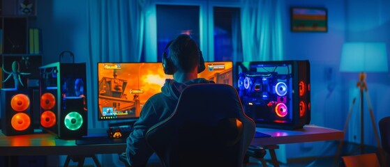 A Gamer Playing and Winning an Online First-Person Shooter Video Game on his Powerful Personal Computer. The room and computer both have green neon lights. Photo taken during a cozy evening at home.