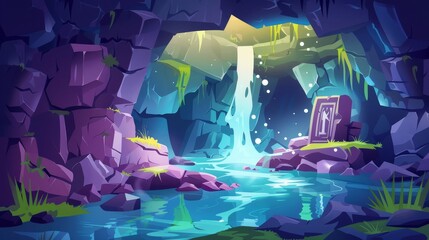 A rocky cave with an ancient stone altar and flowing water. Cartoon illustration of a stone cavern with a lake or river and a tribal totem with devil horns for sacrifices and worship.