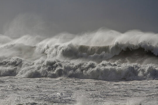 Fototapeta Stormy breaking waves with wind spray