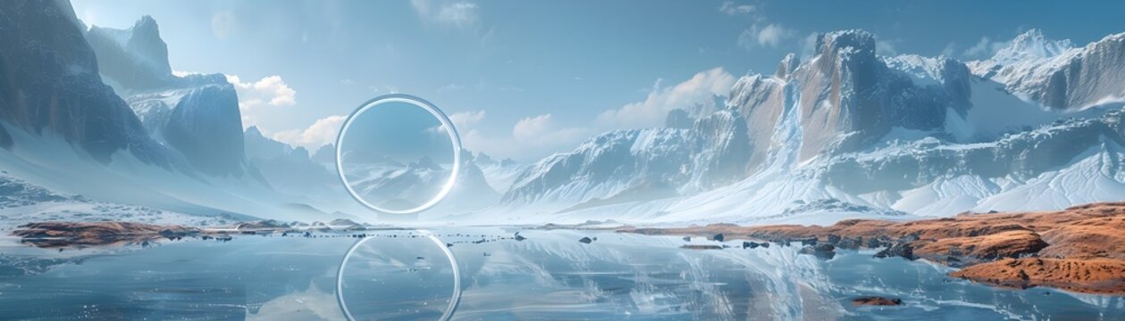 Futuristic Floating Ring Structure Reflecting in Alien Icy Landscape