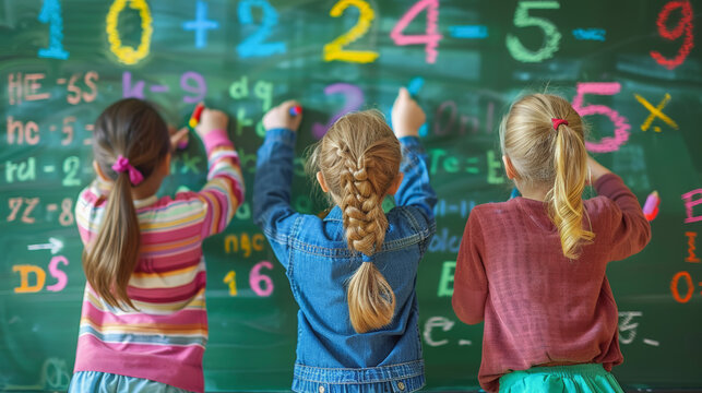 Three young students writing math equations on a chalkboard in a classroom. Education, learning, childhood, schoolwork, collaboration.