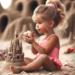 A young girl in a pink swimsuit closely examines a seashell while sitting beside an intricately crafted sandcastle