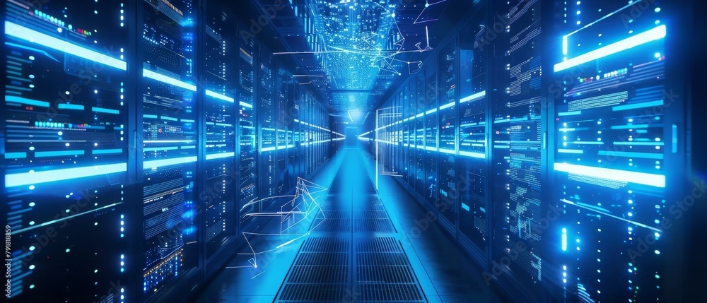 Poster an image of a working data center corridor with rack servers and supercomputers and a blue neon visu