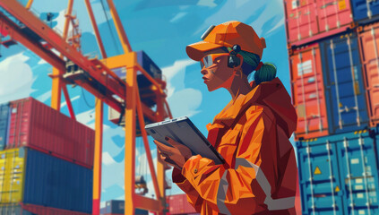 Illustration of a female worker in orange uniform with tablet in front of shipping containers at industrial site