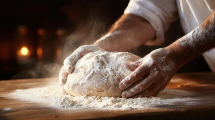 Fototapeta premium Male hands preparing dough for bread or other pastry closeup. Making dough by male hands on wooden table background