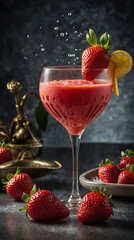 Still life with a cold red strawberry smoothie in a tall glass, surrounded by fresh strawberries. Summer drinks, healthy and sweet, red temptation. Fruit cocktails collection.