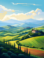 Illustration of a rural Italian green landscape with small village 