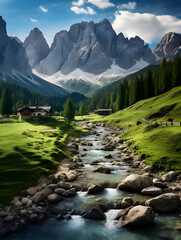 Illustration of a beautiful landscape with dark mountains and green meadow