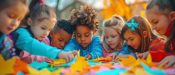 Group of diverse children engaged in a fun and educational outdoor activity, surrounded by colorful autumn leaves.