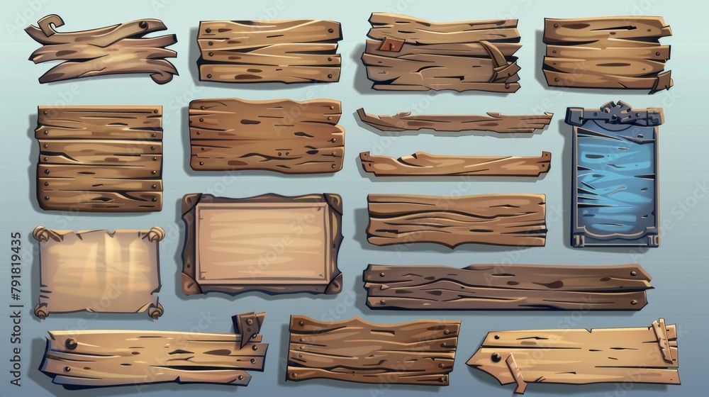 Poster scrolling game user interface icons, wooden boards, and antique parchment scrolls. set of 2d modern 