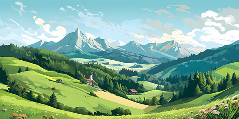 Fototapeta premium Illustration of beautiful Italian rural landscape with small village 