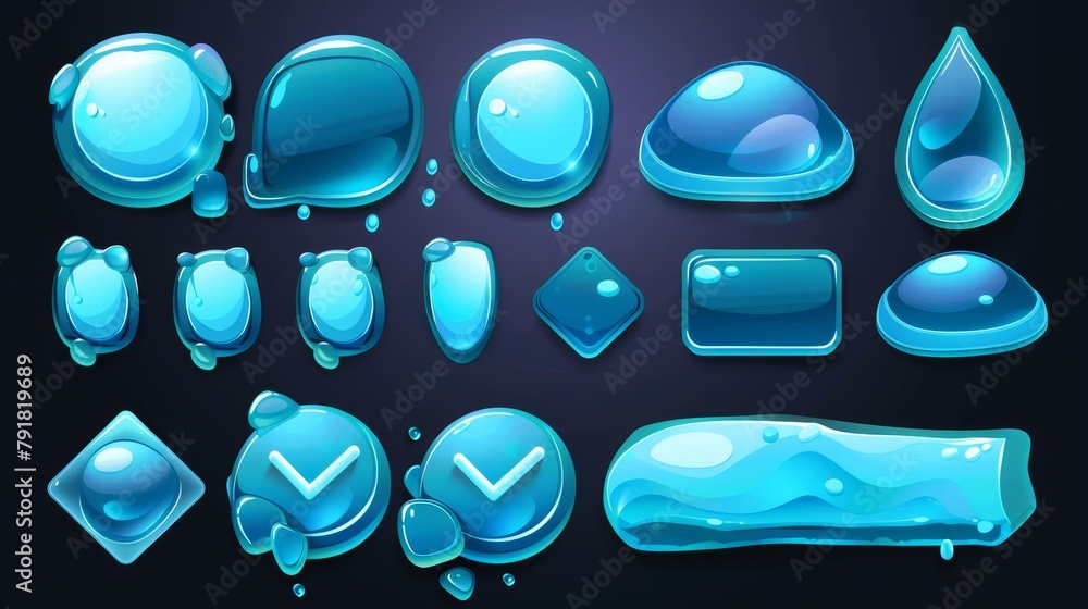 Poster this set of ui elements is inspired by water with bubbles, check boxes, stop, play and pause buttons