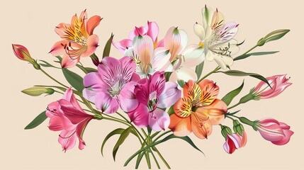 summer flowers bouquet with alstroemeria floral arrangement illustration - obrazy, fototapety, plakaty