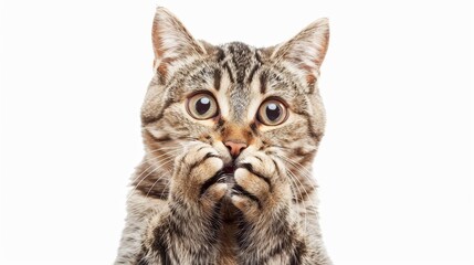 surprised cat covering mouth with paws shocked expression white or no background animal emotions concept digital art