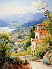 Fototapeta na wymiar Watercolor illustration of small village and landscape 