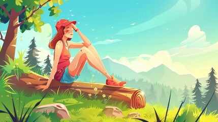 The environment cartoon landing page shows a woman enjoying nature, sitting on a tree log with closed eyes over a mountain landscape. Summertime wood recreation in the forests, modern web banner.