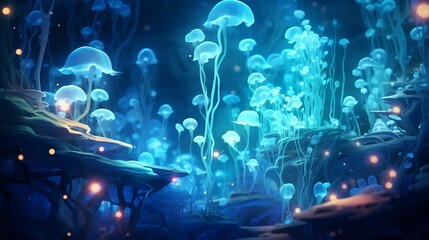 Bioluminescent algae in a high-tech aquarium, close-up, shimmering blue, soft light, impressive cubism art style