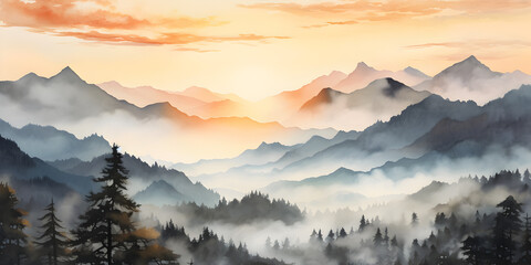 Watercolor illustration of landscape with mountains and beautiful sunset  - obrazy, fototapety, plakaty