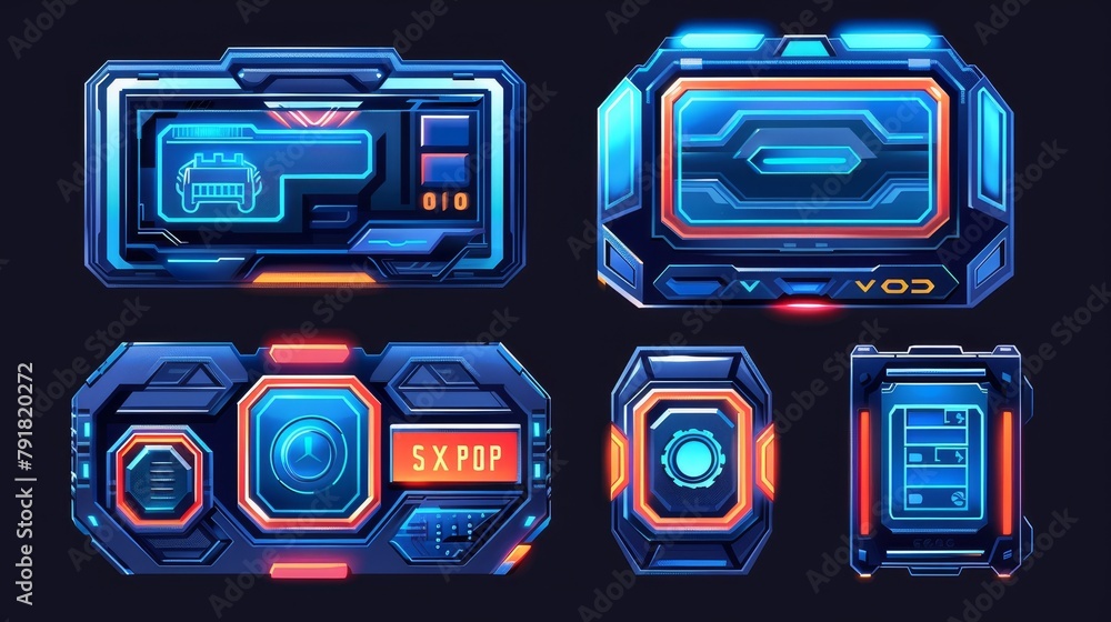Poster frames for game huds with buttons and blue border isolated on a black background for the shop and da
