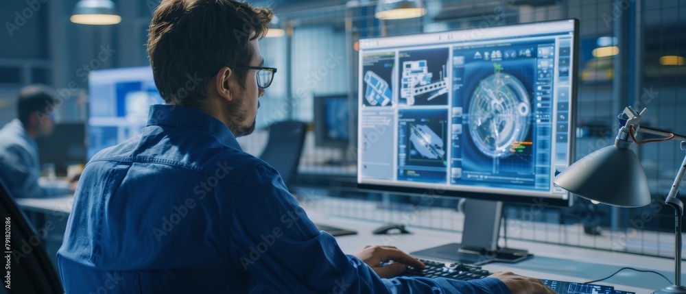 Poster a perspective view of an engineer using cad software on a desktop computer, showing technical detail