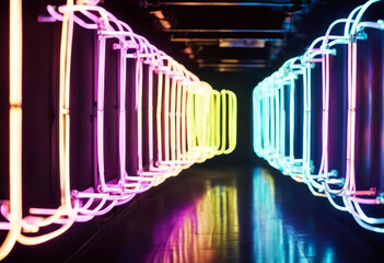 'walls reflections tunnel dark lamps neon multicolored abstract arch background black blue box bright cube cyber design electric electronic fashion floor fluorescent futuristic glow'