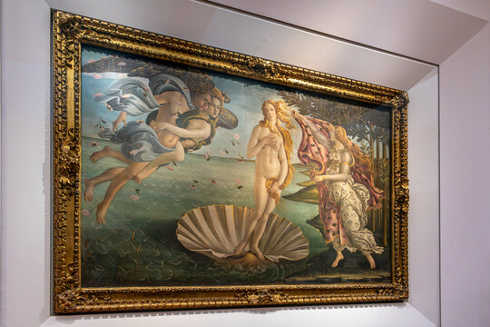 Florence, Italy-April 04, 2024: The Birth of Venus tempera on linen canvas by Sandro Botticelli (1485)displayed in the Uffizi Gallery, Florence