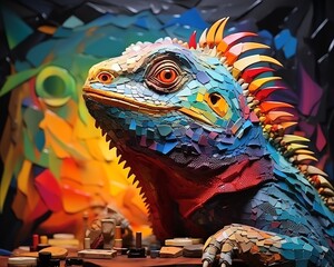 Close view of an iguana with a puzzle toy, intense concentration in its eyes, detailed scales under warm lighting, impressive cubism art style - obrazy, fototapety, plakaty