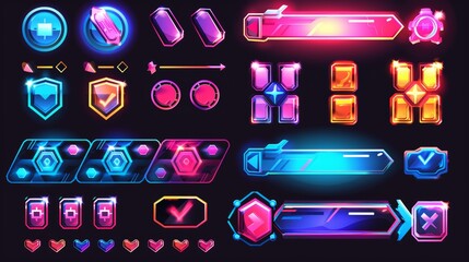 In this sci fi game design set you will find buttons, frames, menus, and assets for the user interface. A modern cartoon set of futuristic game UI elements can be found here, as well as bars of
