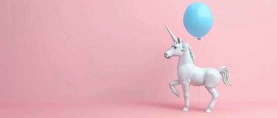 Creative, minimalist concept with concrete unicorn statue and blue balloon on pastel pink background. 3D rendering.