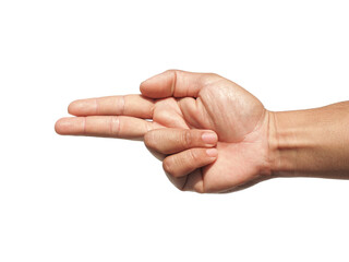 Male hand making a gesture like holding a gun, gun symbol or shooting a gun, isolated on white...