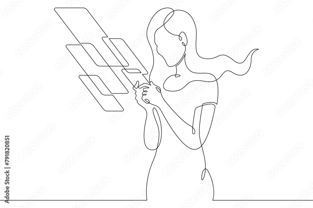 Poster woman with phone.one continuous line.augmented reality.multi-screen in the phone application. augmen
