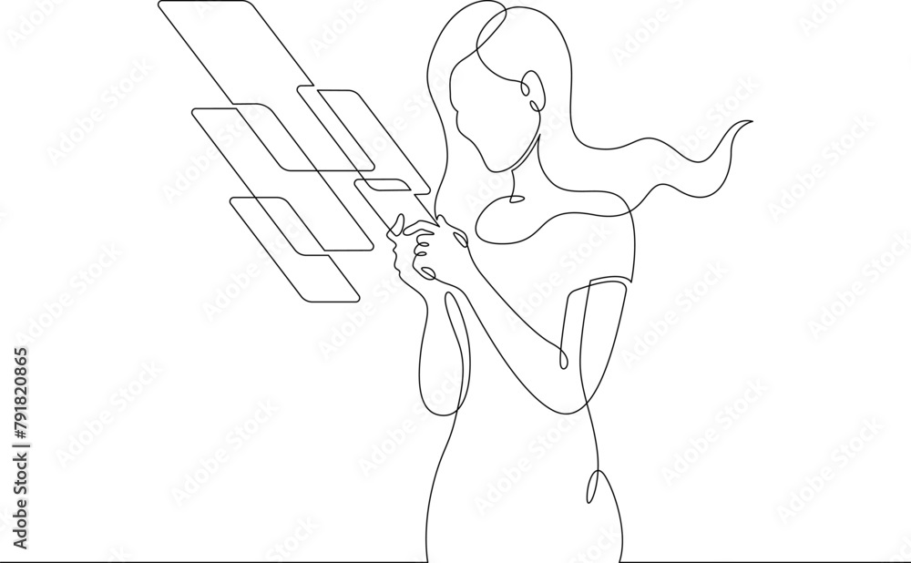 Poster woman with phone.one continuous line.augmented reality.multi-screen in the phone application. augmen