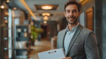 Fototapeta premium Real estate agent with documents in hands on the background of real estate. handsome real estate agent holds a folder in hands