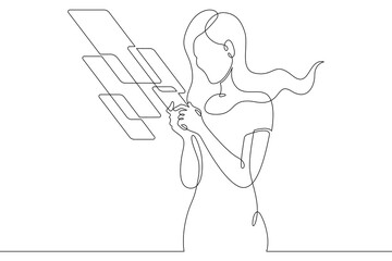 Naklejka premium Woman with phone.One continuous line.Augmented reality.Multi-screen in the phone application. Augmented Reality on the smartphone screen. Continuous line drawing.Line Art isolated white background.