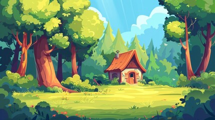 A parallax background with wooden house in summer forest. An old shack in a deep wood. A cartoon mode with separate layers for a game scene. Modern illustration. - obrazy, fototapety, plakaty