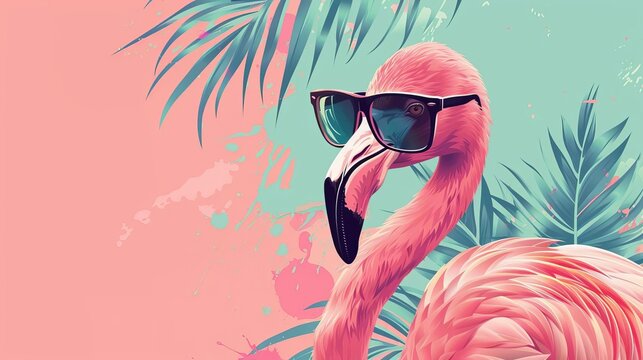 Fototapeta fashionable pink flamingo wearing summer sunglasses trendy tropical background vector illustration