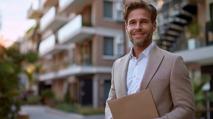 Real estate agent with documents in hands on the background of real estate. handsome real estate agent holds a folder in hands
