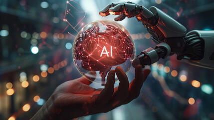 AI, Machine learning, Hands of robot and human touching on brain concept as big data network connection, Data exchange deep learning, Science artificial intelligence technology futuristic innovation .