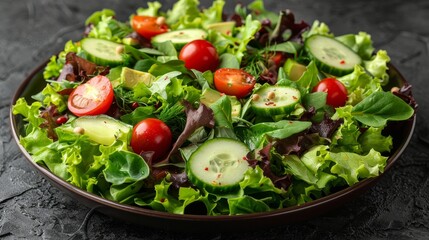 Fresh salad with lettuce, cucumber, cherry tomatoes and avocado
