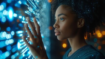A captivating image of a young woman engaging with a futuristic holographic interface