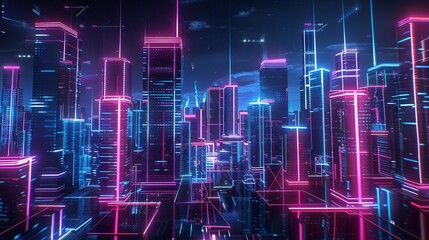 Fototapeta premium futuristic digital cityscape with glowing neon lights and data streams cyberpunk 3d illustration