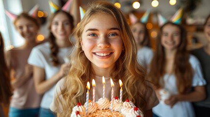 Girl holding birthday cake with lit candles, smiling at camera, friends in background