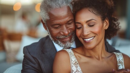: In this heartwarming portrait, an older couple shares a tender moment, with a man embracing a woman from behind.