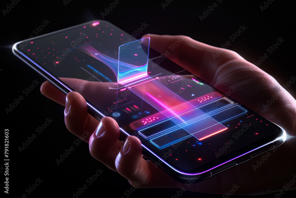 Poster artificial intelligence smartphone with an interface translucent screen, technology futuristic